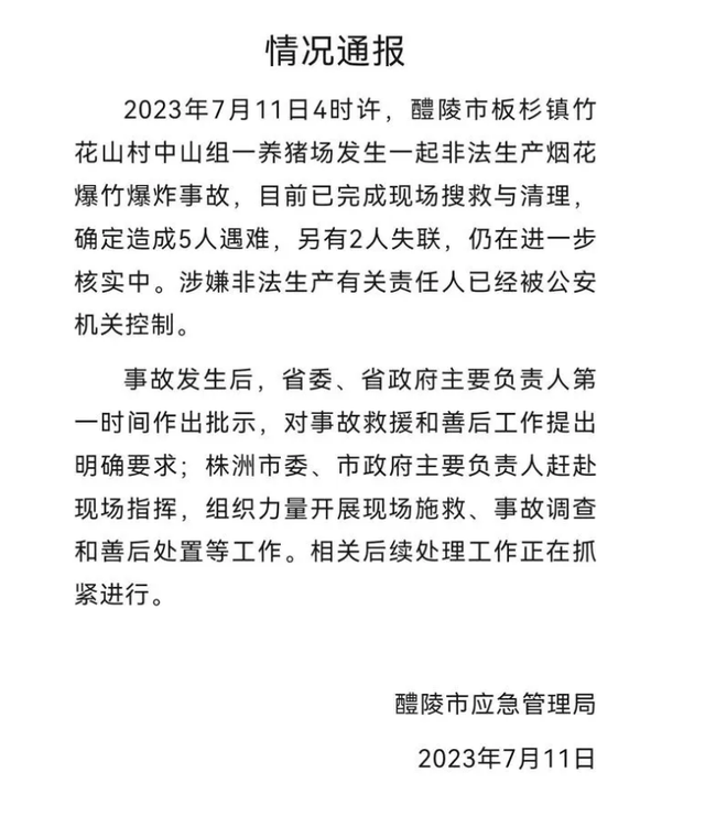 湖南醴陵养猪场非法生产烟花爆竹发生爆炸，村民：数公里外能听见爆炸声